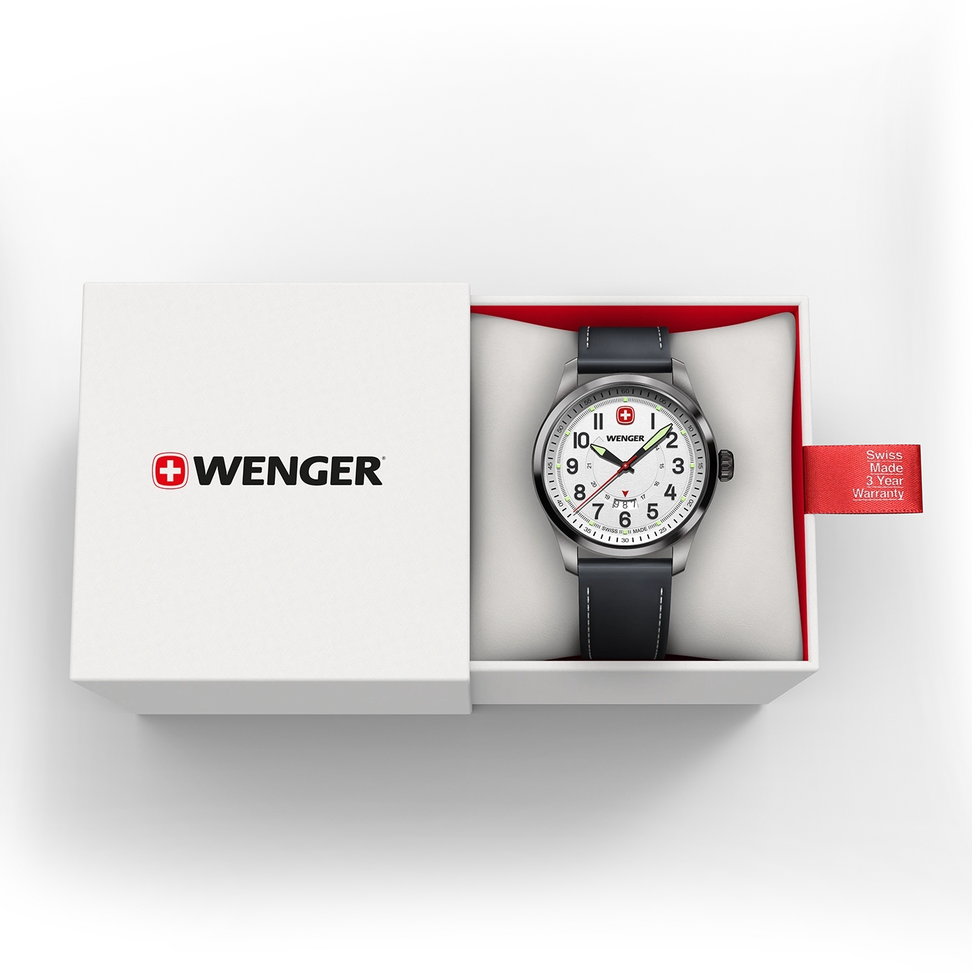 Wenger Uhr in der Box, Swiss Made, 3 Jahre Garantie, weißes Zifferblatt