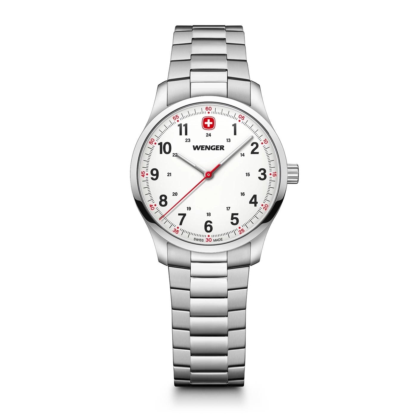 Wenger watch with white face and silver band. Swiss made, classic design, elegant.