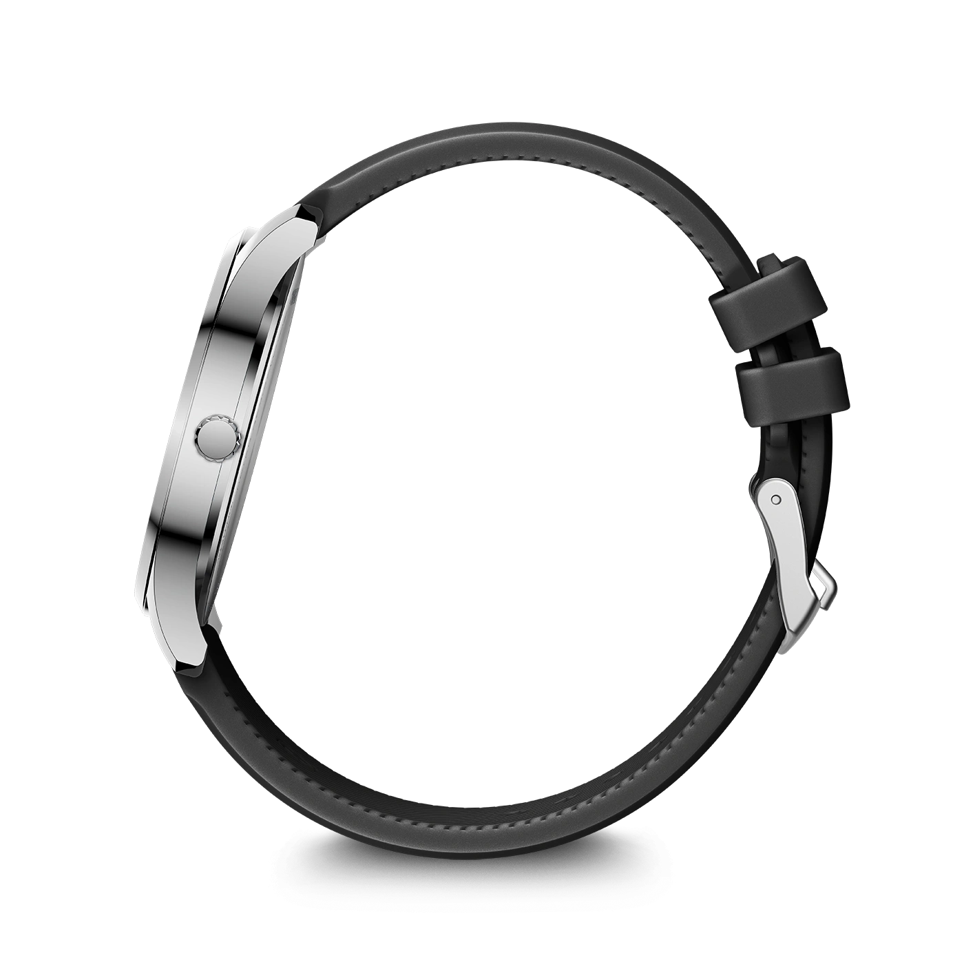 A wristwatch with a silver case and a black leather strap, lying on a white background with a shadow.