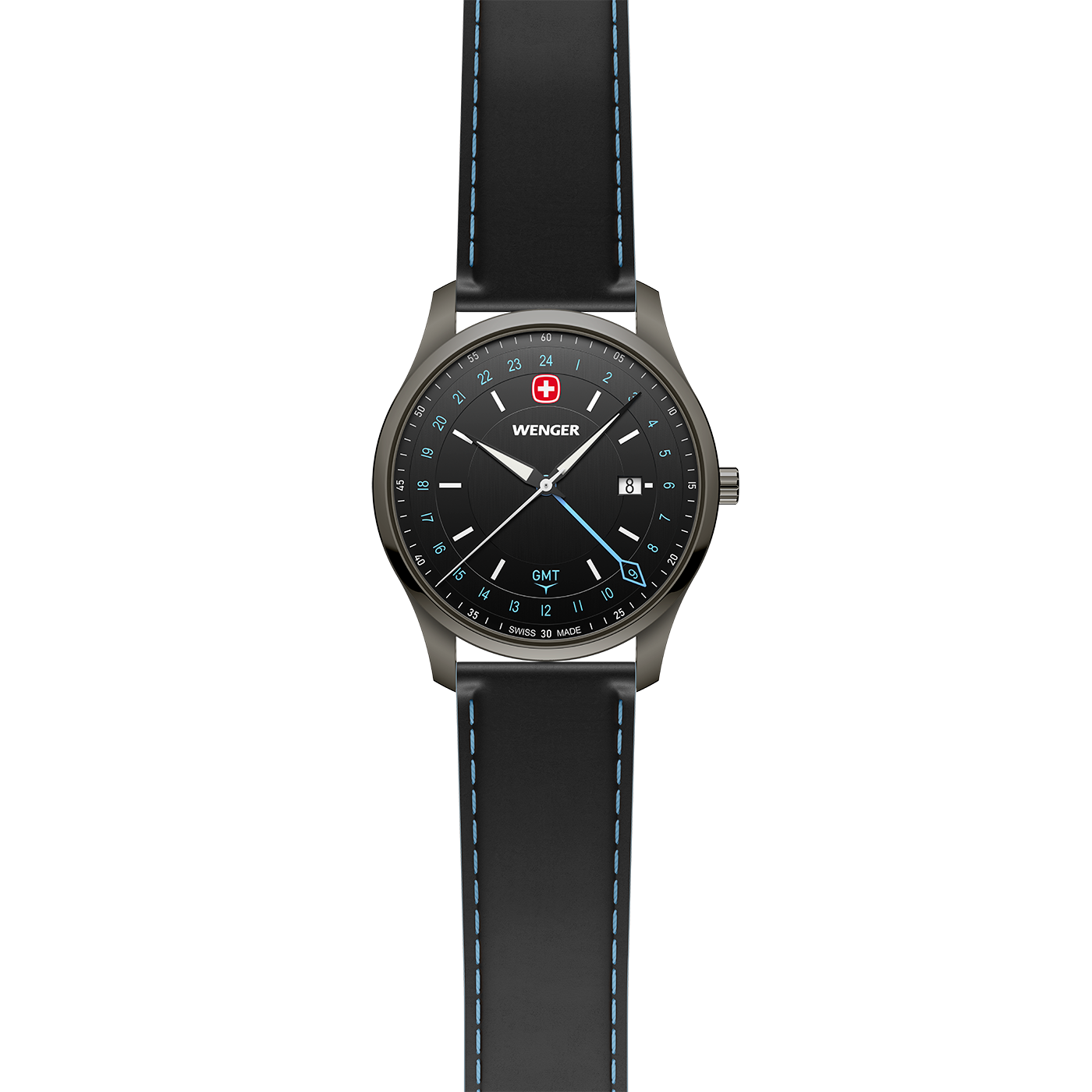Eine schwarze Wenger Uhr mit blauem Faden und GMT-Funktion.