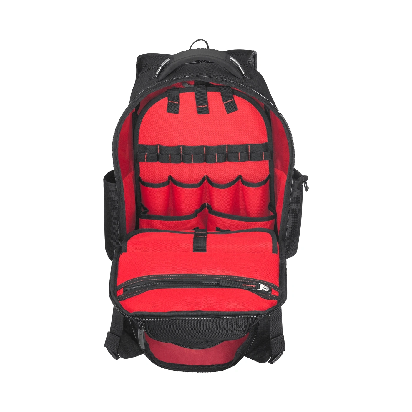 Schwarzer Rucksack mit rotem Innenraum und vielen Fächern, offenes Design.