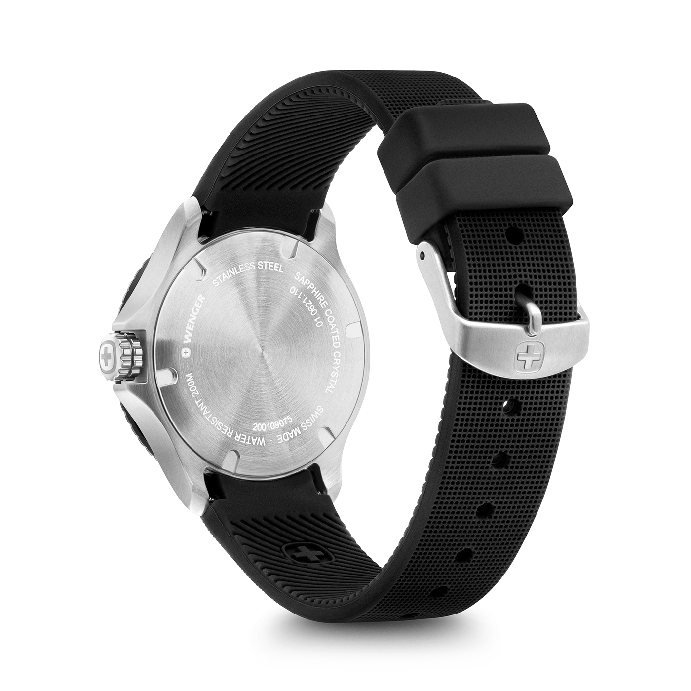 Wenger Uhr, Edelstahl, wasserdicht, schwarzes Armband, Schweizer Uhr, Detailaufnahme, Nahaufnahme