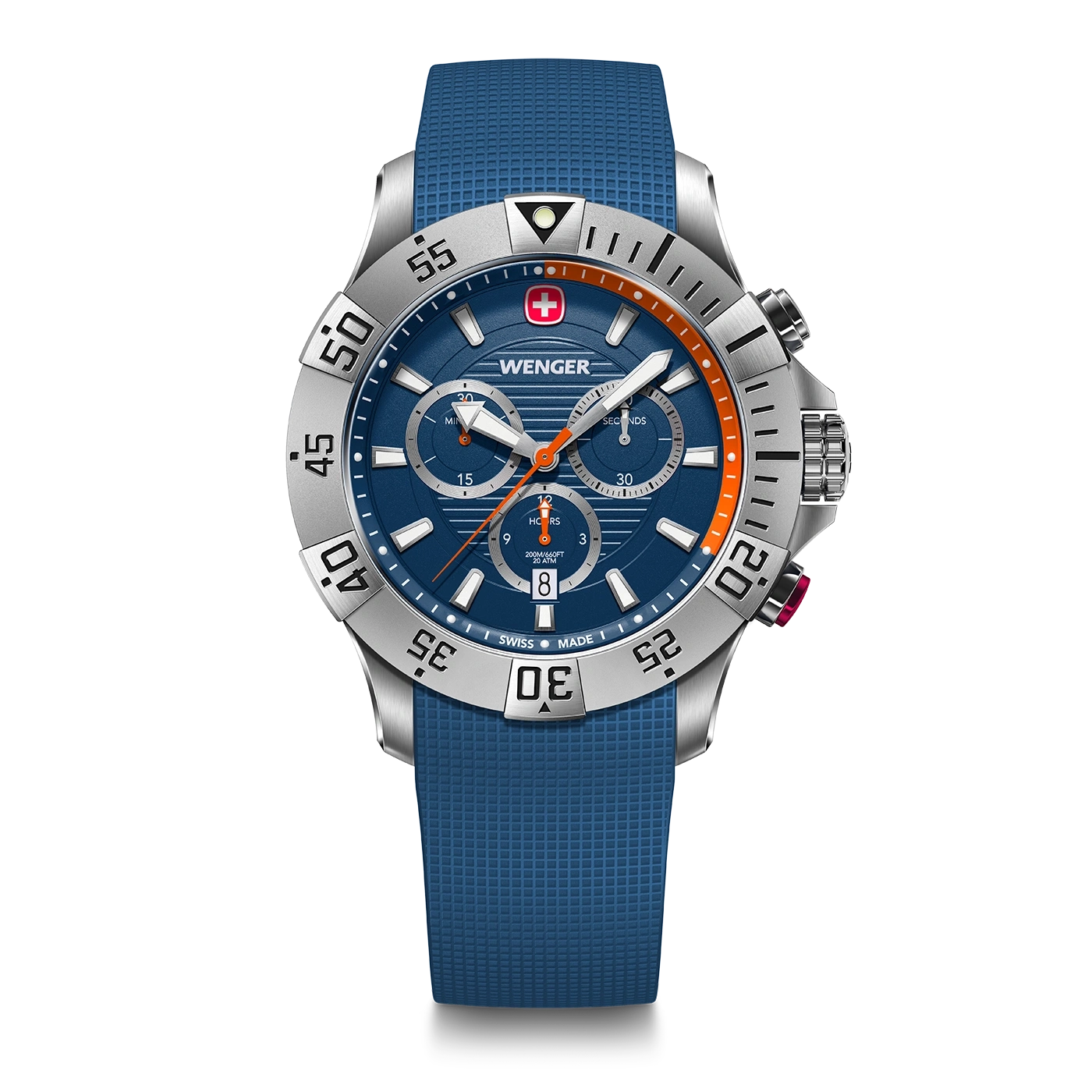 Wenger Uhr mit blauem Zifferblatt und Armband, silbernem Gehäuse, Schweizer Design