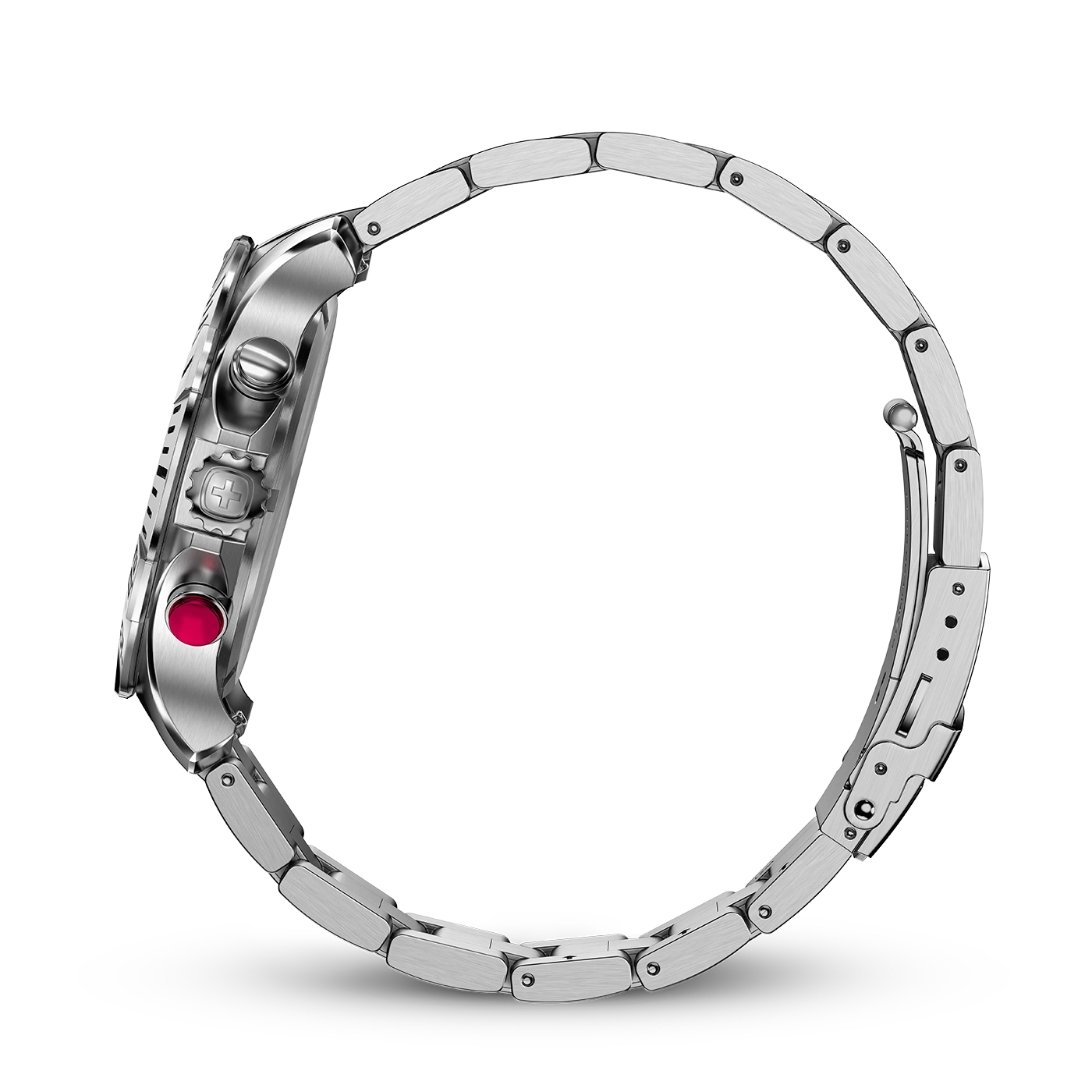 Watch, silver bracelet, red button, Swiss cross, side view, close-up, metal