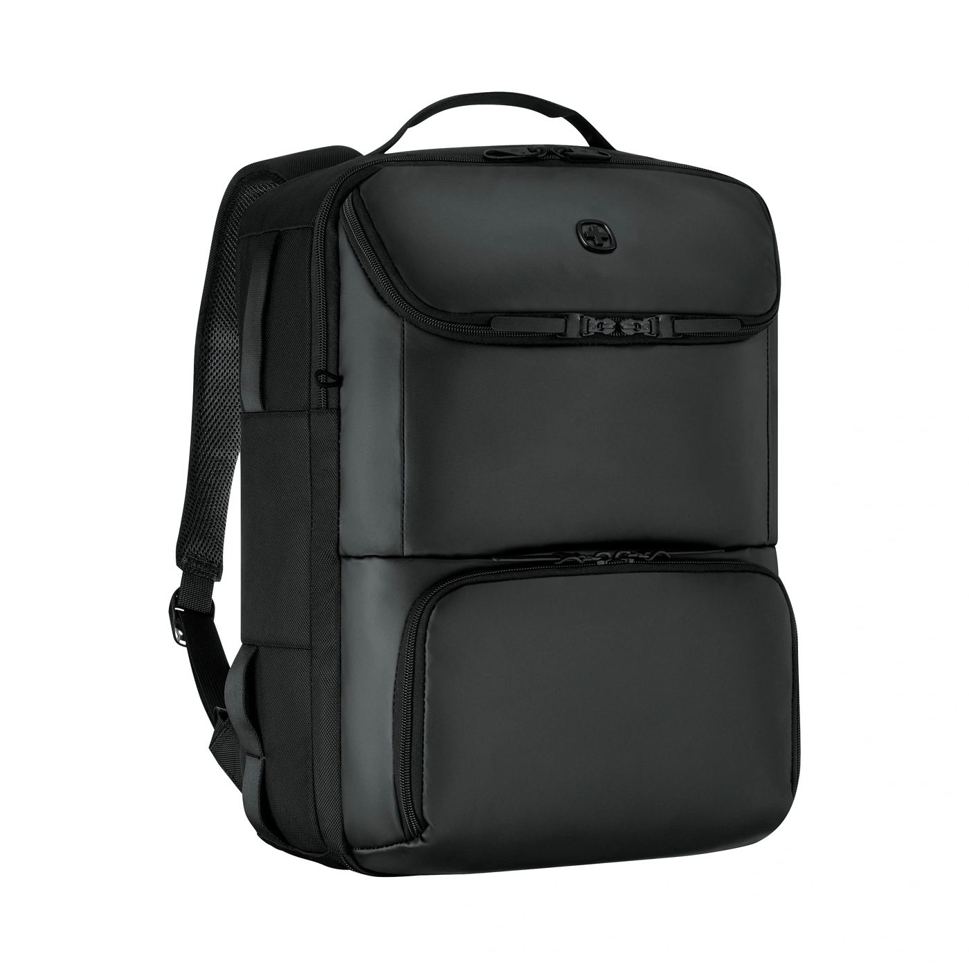 Schwarzer Rucksack mit vielen Fächern und Reißverschlüssen.