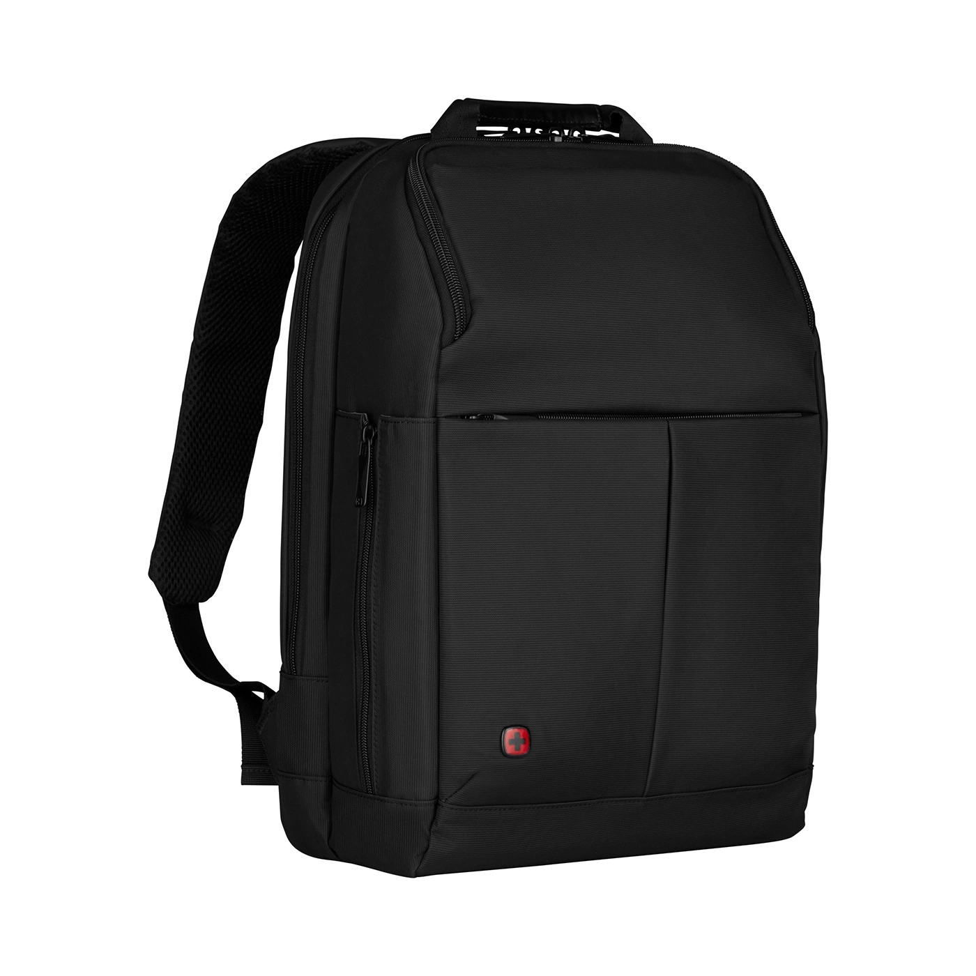 Black backpack with zippers and red logo on a black background