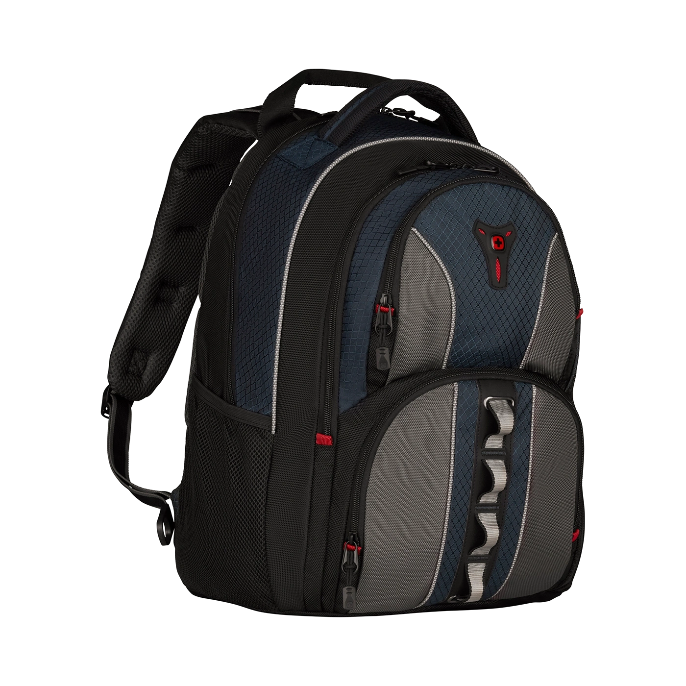 Blue and grey backpack with red zippers and logo on a black background.