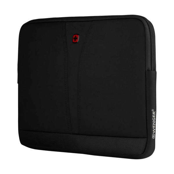 Schwarze Laptoptasche mit rotem Logo und Reißverschluss von Wenger.