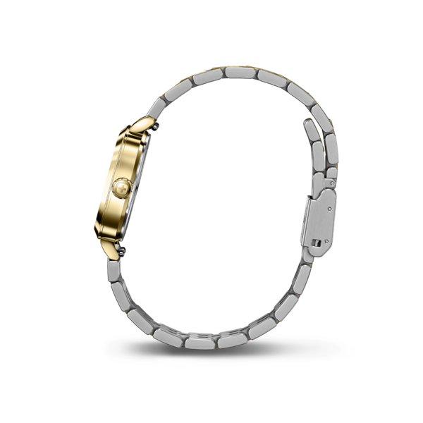 Goldene Uhr mit silbernem Armband, Seitenansicht, Detailaufnahme, elegant