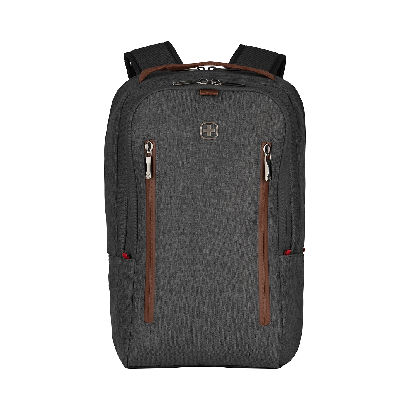 Dark gray backpack with brown zippers and logo on a black background.