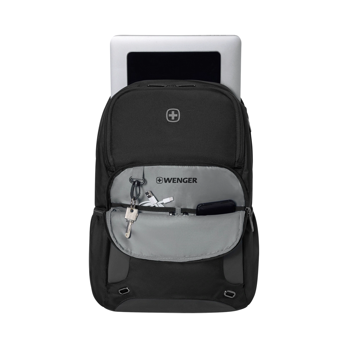 Schwarzer Rucksack mit Laptop und Zubehör, Wenger-Logo, offene Tasche