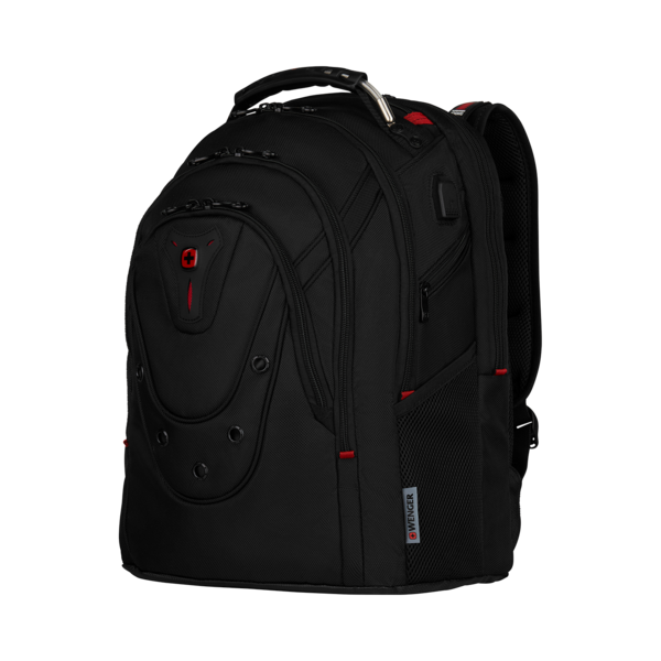 Schwarzer Rucksack mit rotem Akzent und Wenger-Logo, isoliert auf Schwarz.