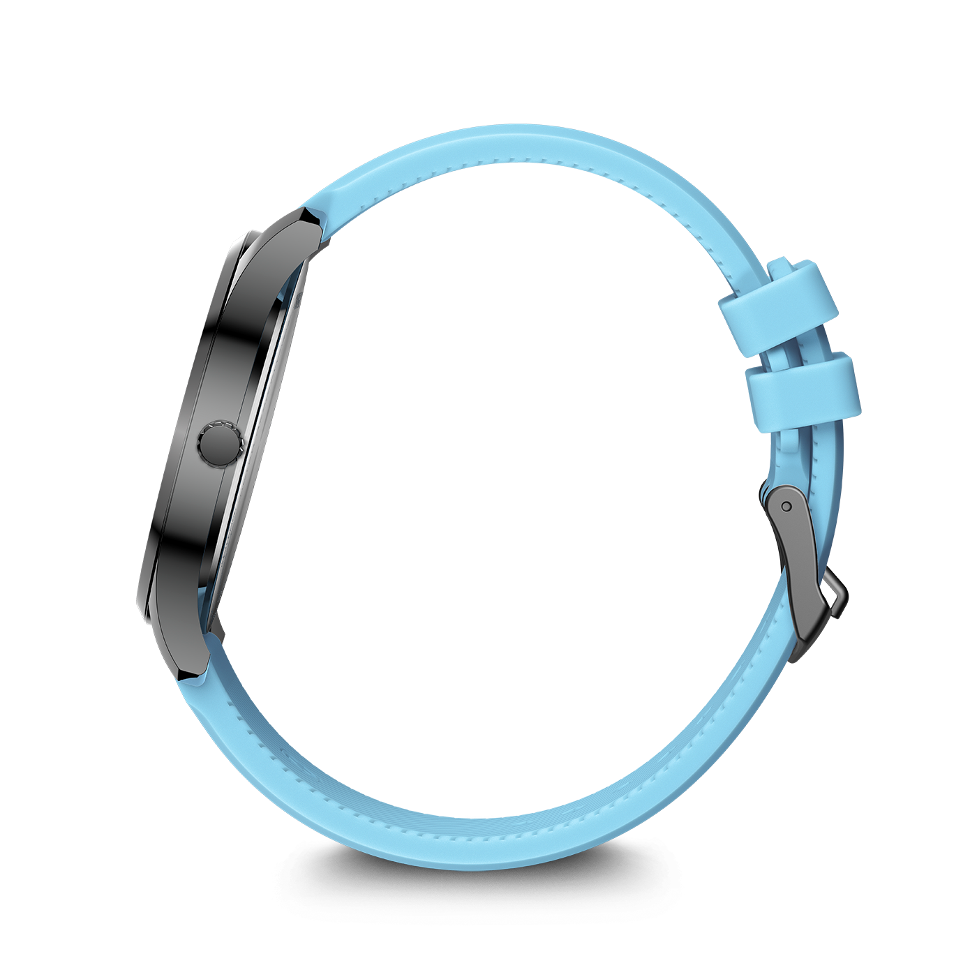 Eine blaue Smartwatch mit silbernem Gehäuse und einem Band aus blauem Silikon, die auf weißem Hintergrund zu sehen ist.