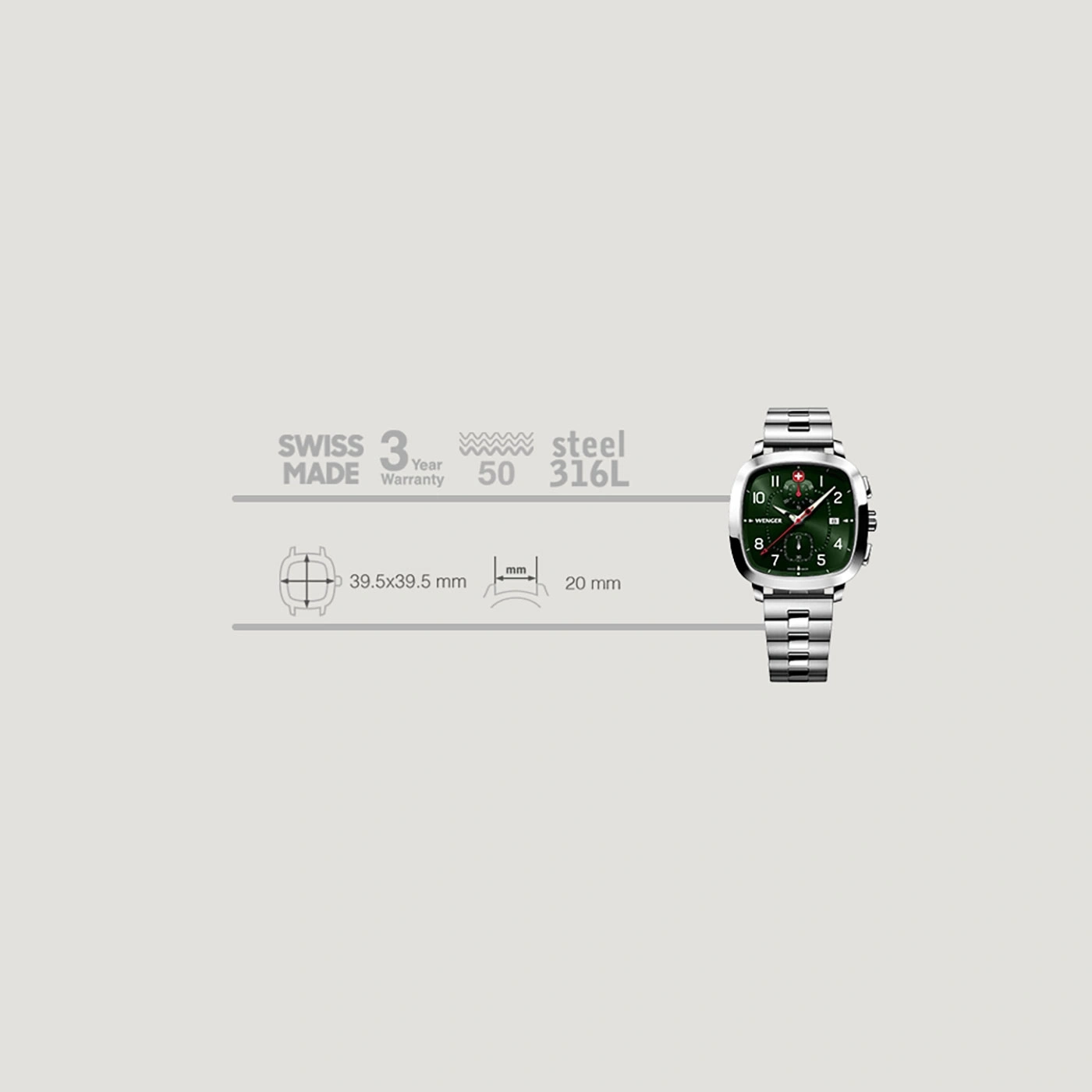 Swiss watch with green dial, steel bracelet, 3-year warranty, and dimensions.