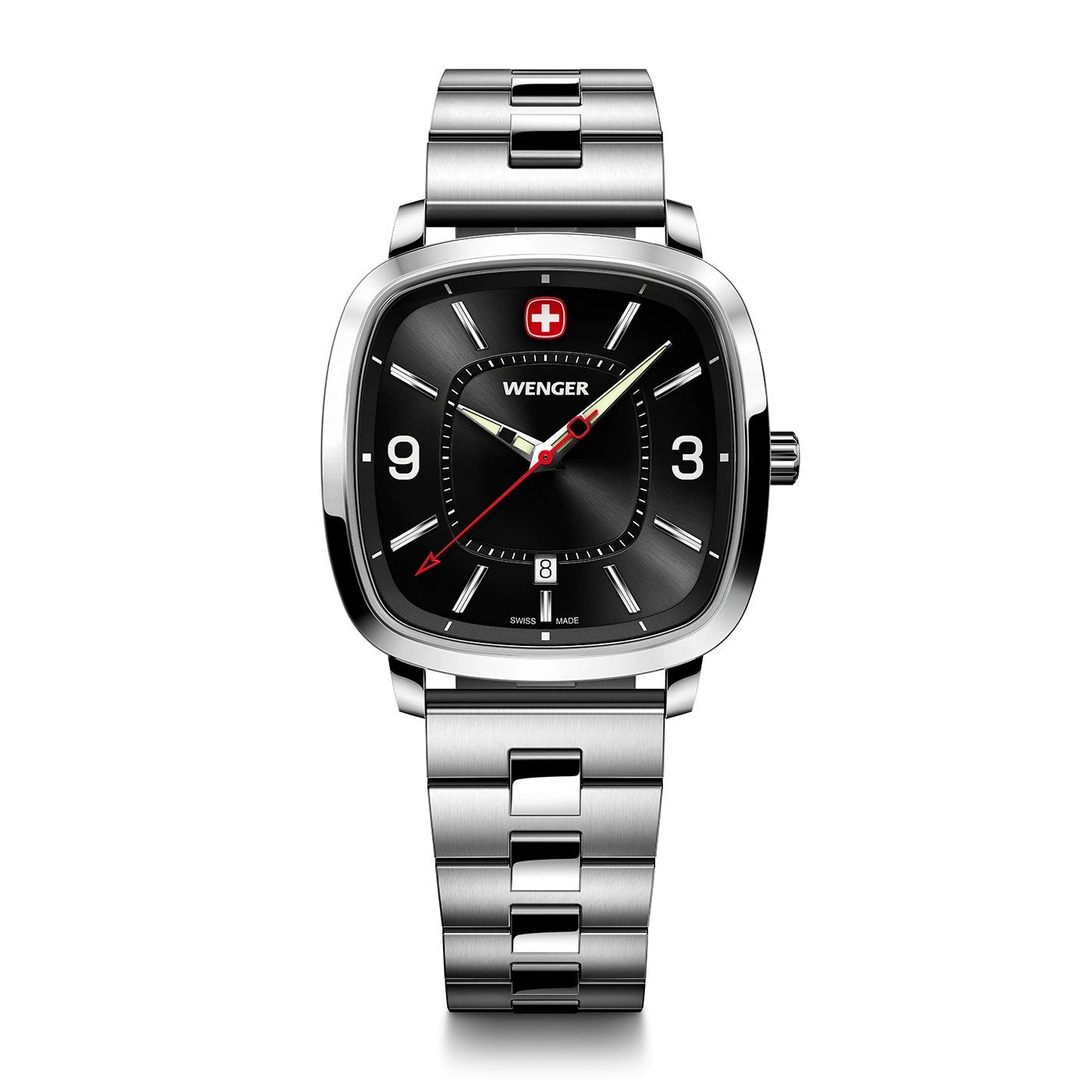 Wenger watch with black face and silver band, close-up shot on black background