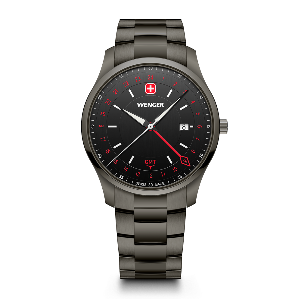 Ein dunkelgraues Wenger Armbanduhr mit schwarzem Zifferblatt und GMT-Anzeige.