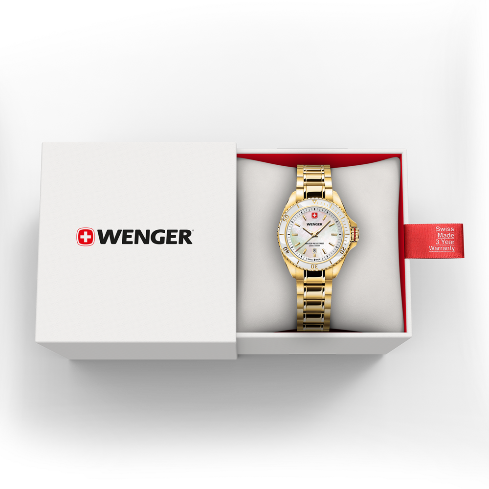 Wenger Damenuhr in Gold mit weißem Zifferblatt, in der Originalverpackung mit Garantie-Etikett.