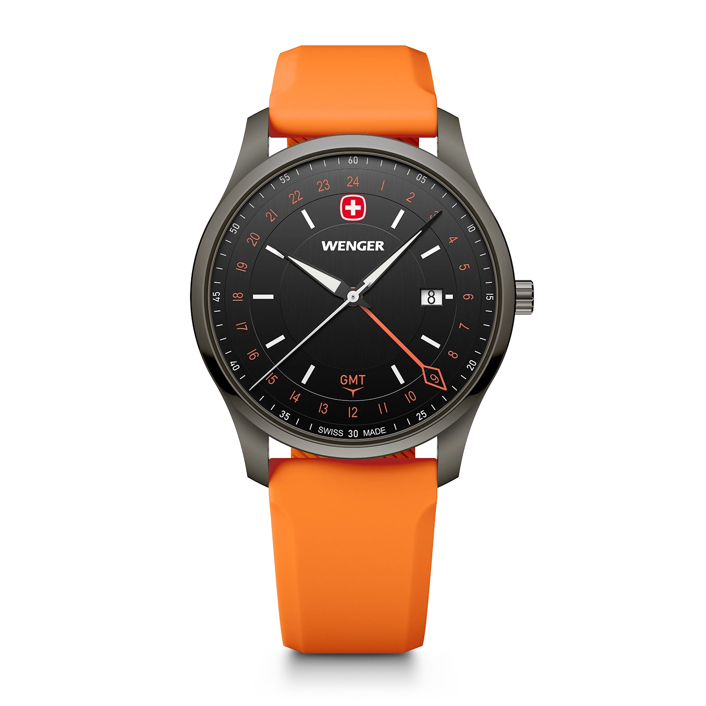 Wenger Herrenuhr mit schwarzem Zifferblatt und orangem Armband