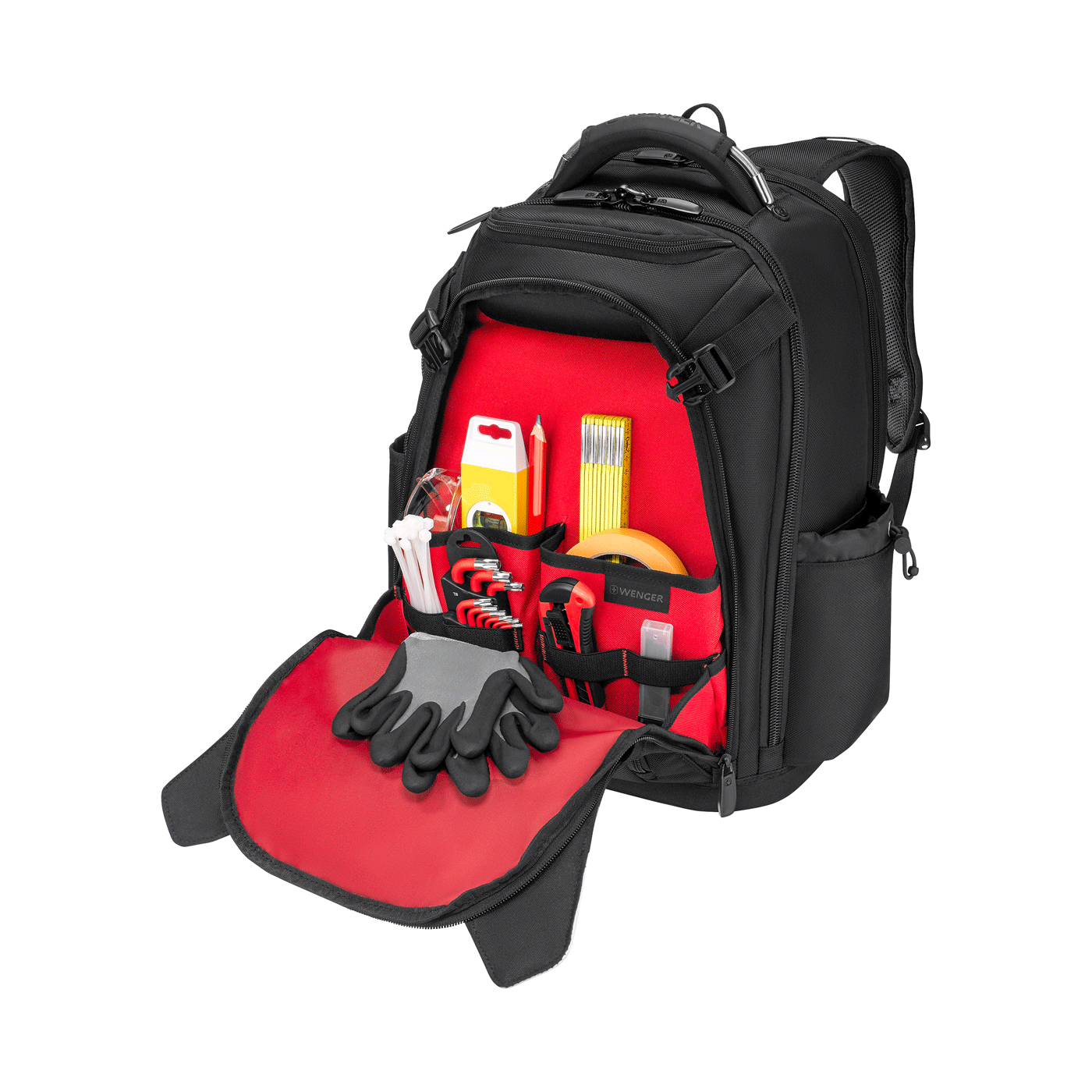 Black tool backpack with red lining, tools inside, opened compartment.