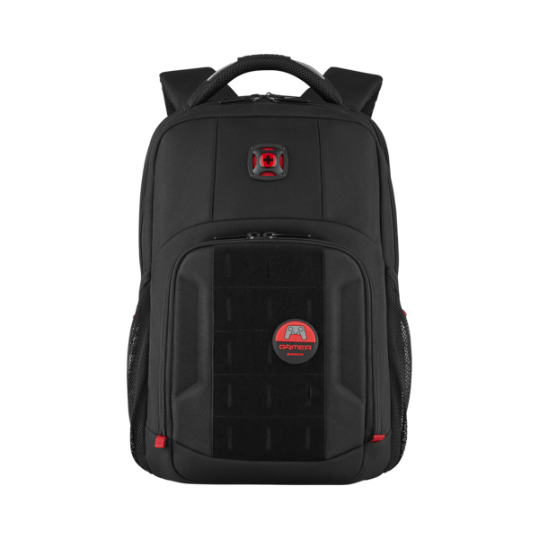 Schwarzer Gamer-Rucksack mit rotem Logo und Details, Frontansicht, isoliert