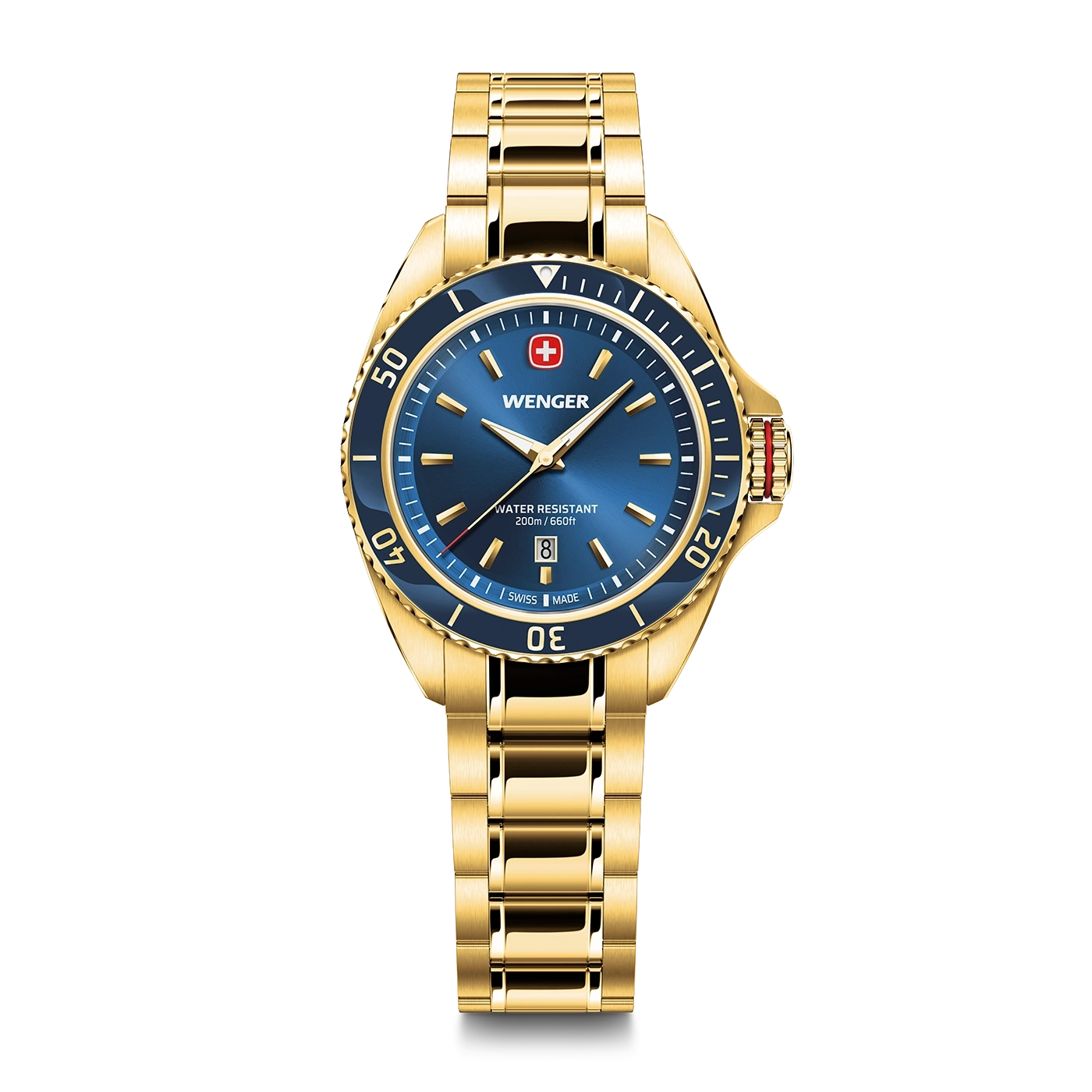 Damenuhr gold-blau Ø 34 mm Elegante Quarzuhr, hergestellt in der Schweiz
