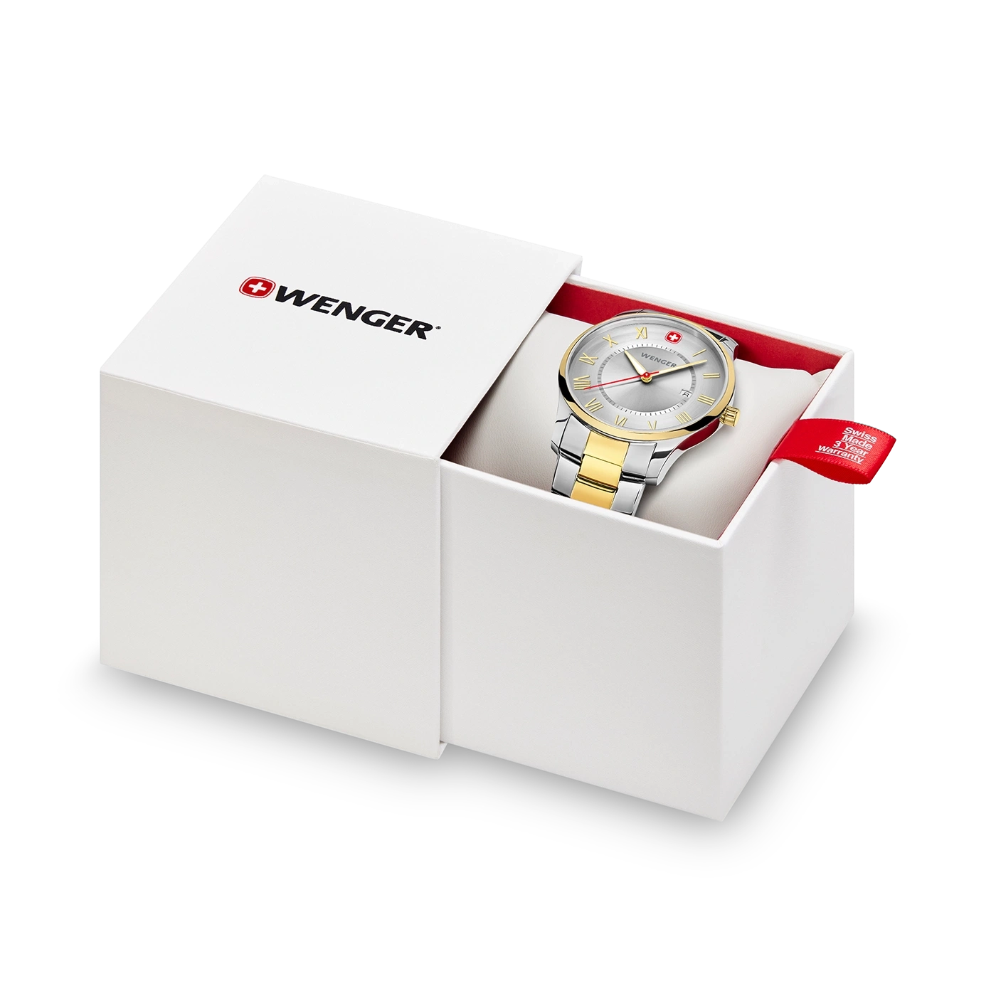 Wenger Uhr in einer weißen Box mit rotem Innenfutter und Garantie