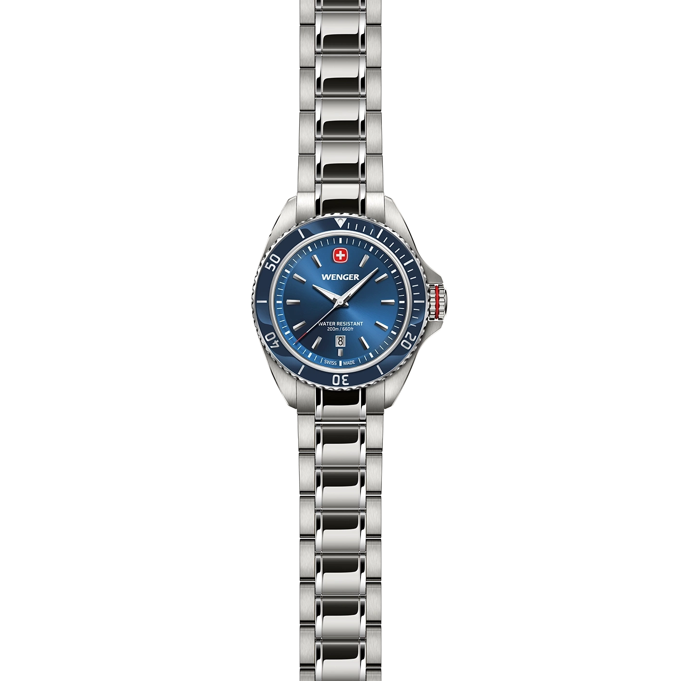 Ein schöner silberner Wenger Taucheruhr mit blauem Zifferblatt und Metallarmband.