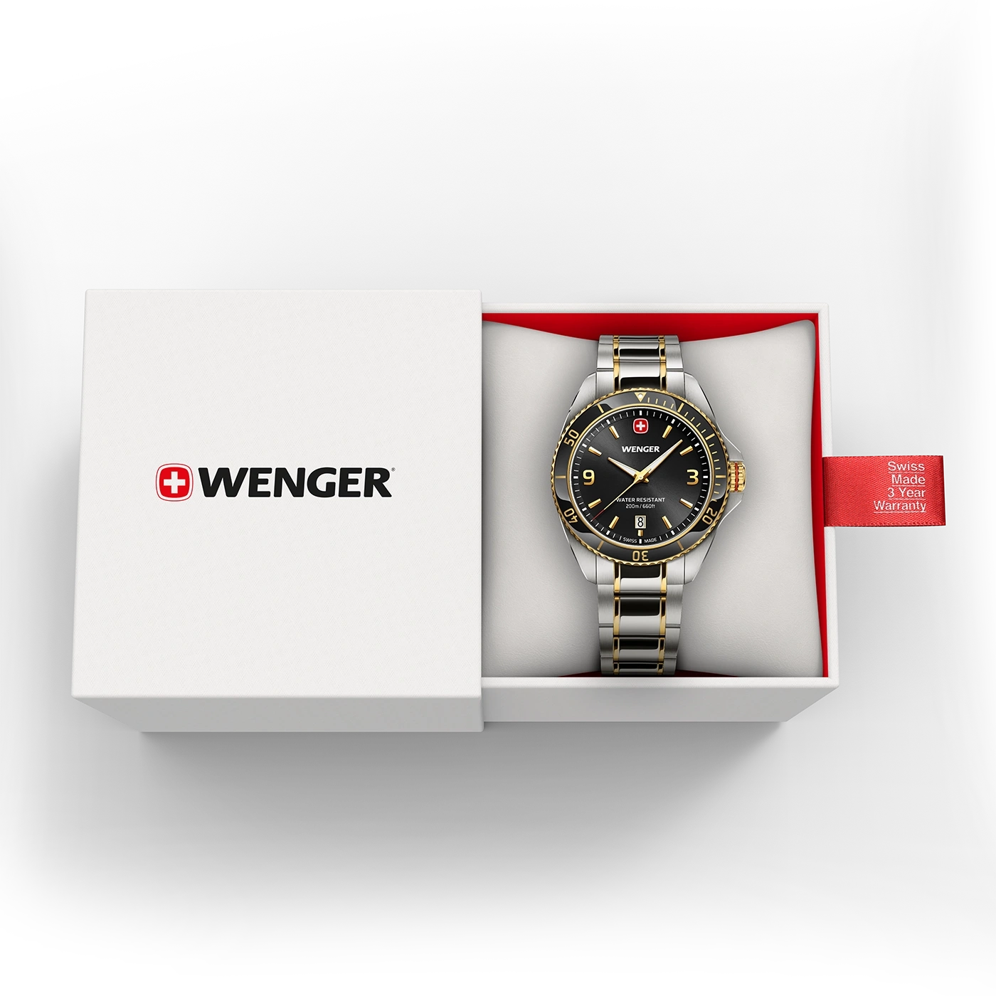 Wenger Uhr in einer Box mit Garantie. Schweizer Uhr, schwarz und gold.
