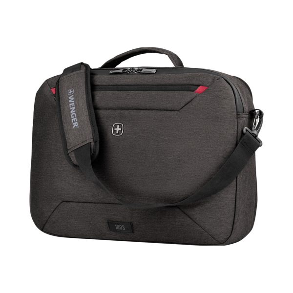 Dunkelgraue Wenger-Tasche mit Schultergurt und Logo auf schwarzem Hintergrund.