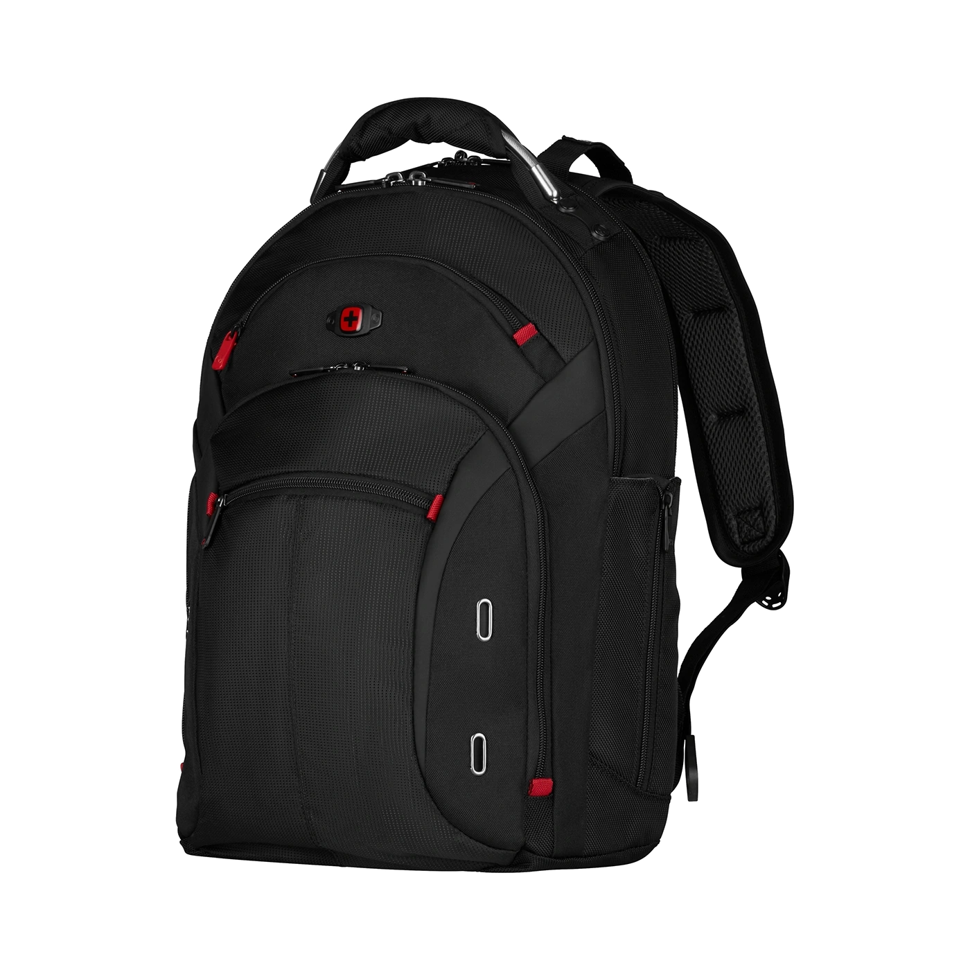 Black backpack with red accents and Swiss cross logo on a black background