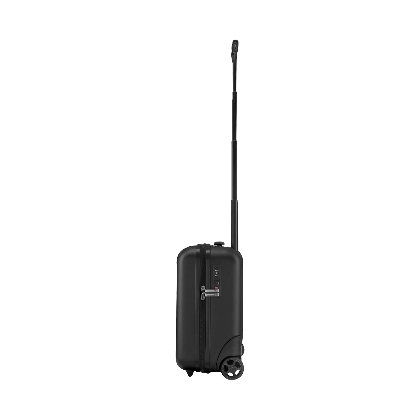 Black suitcase with retractable handle and wheels