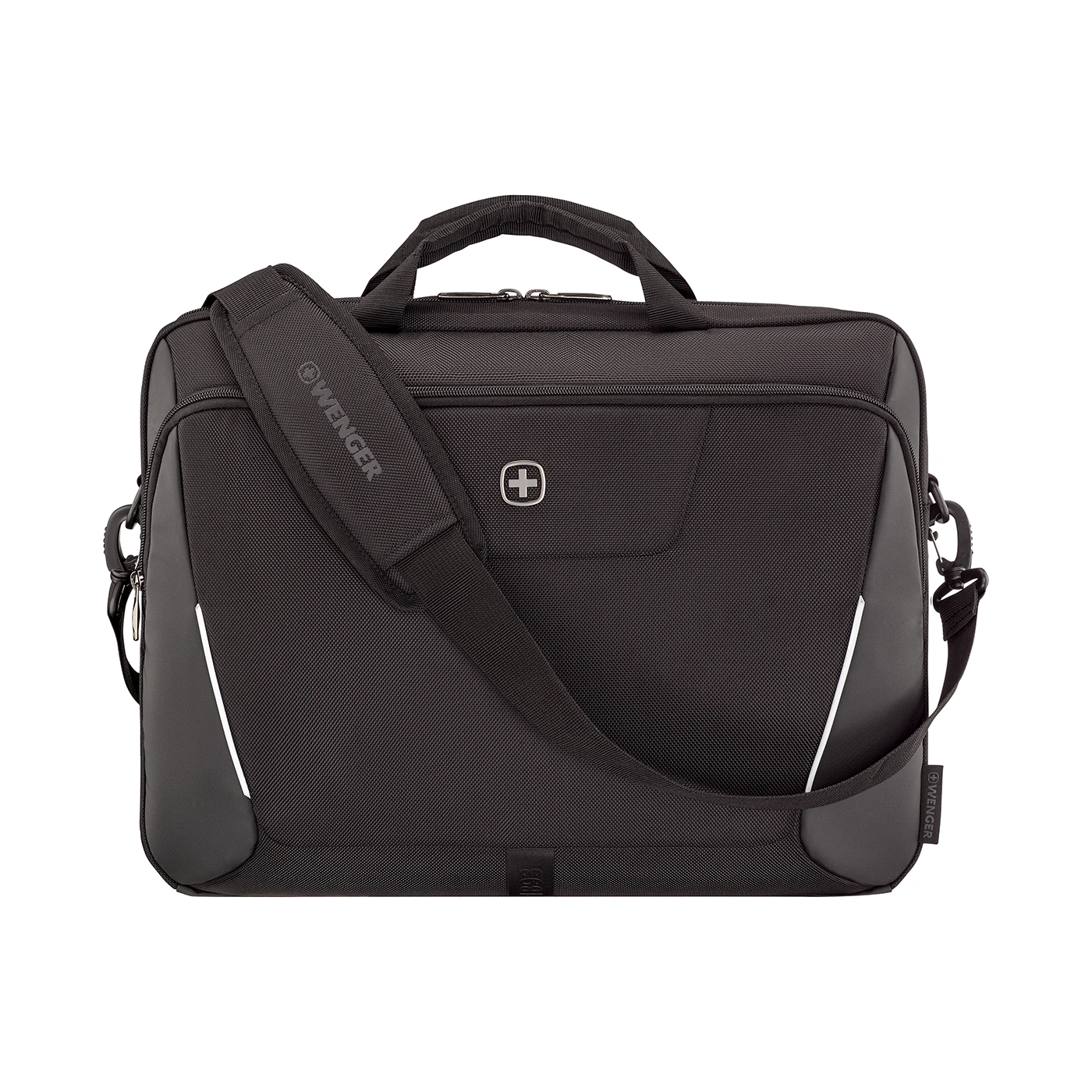 Schwarze Wenger Laptoptasche mit Schultergurt und Logo, isoliert auf weißem Hintergrund.