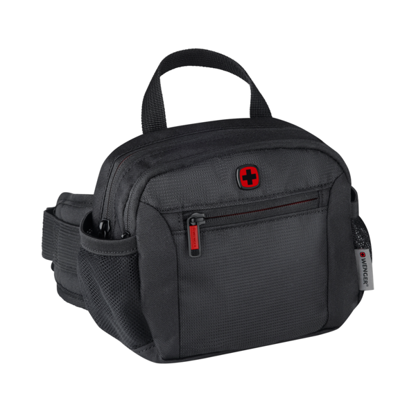 Schwarze Wenger-Gürteltasche mit rotem Kreuz und Reißverschlüssen, Nahaufnahme.