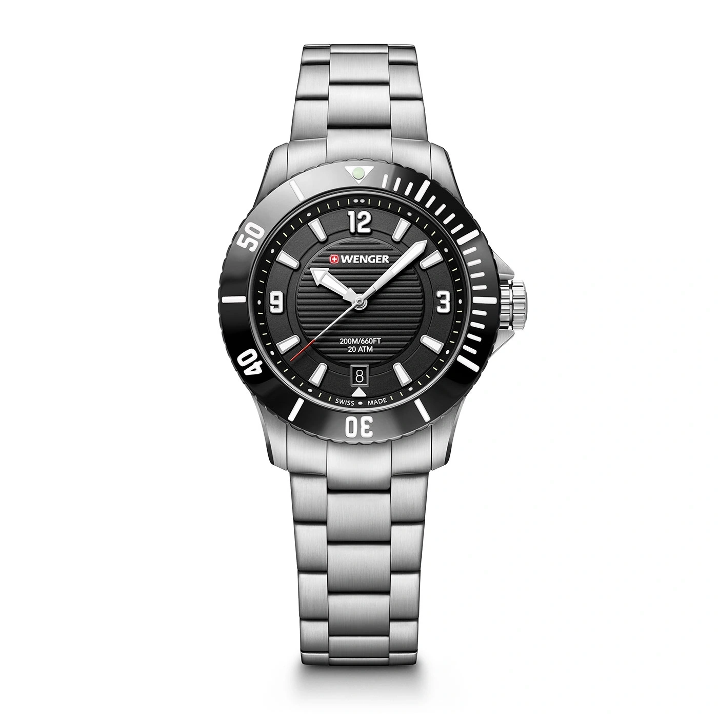 Wenger watch, black and silver, 20 ATM, date, stainless steel bracelet, 12, 3, 9, 40, 50