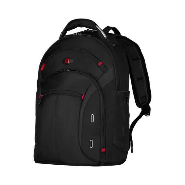 Schwarzer Rucksack mit roten Akzenten und Schweizer Kreuz Logo