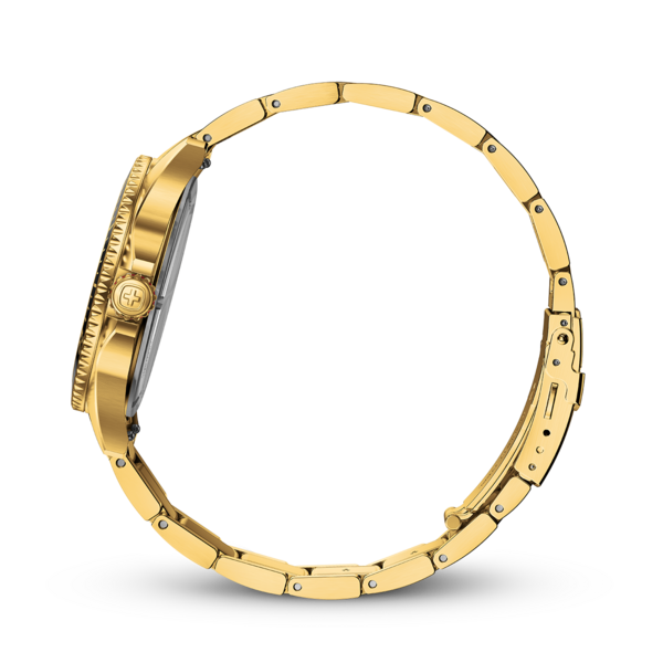 Goldene Uhr mit goldenem Armband, Seitenansicht, schwarzer Hintergrund, Detailaufnahme