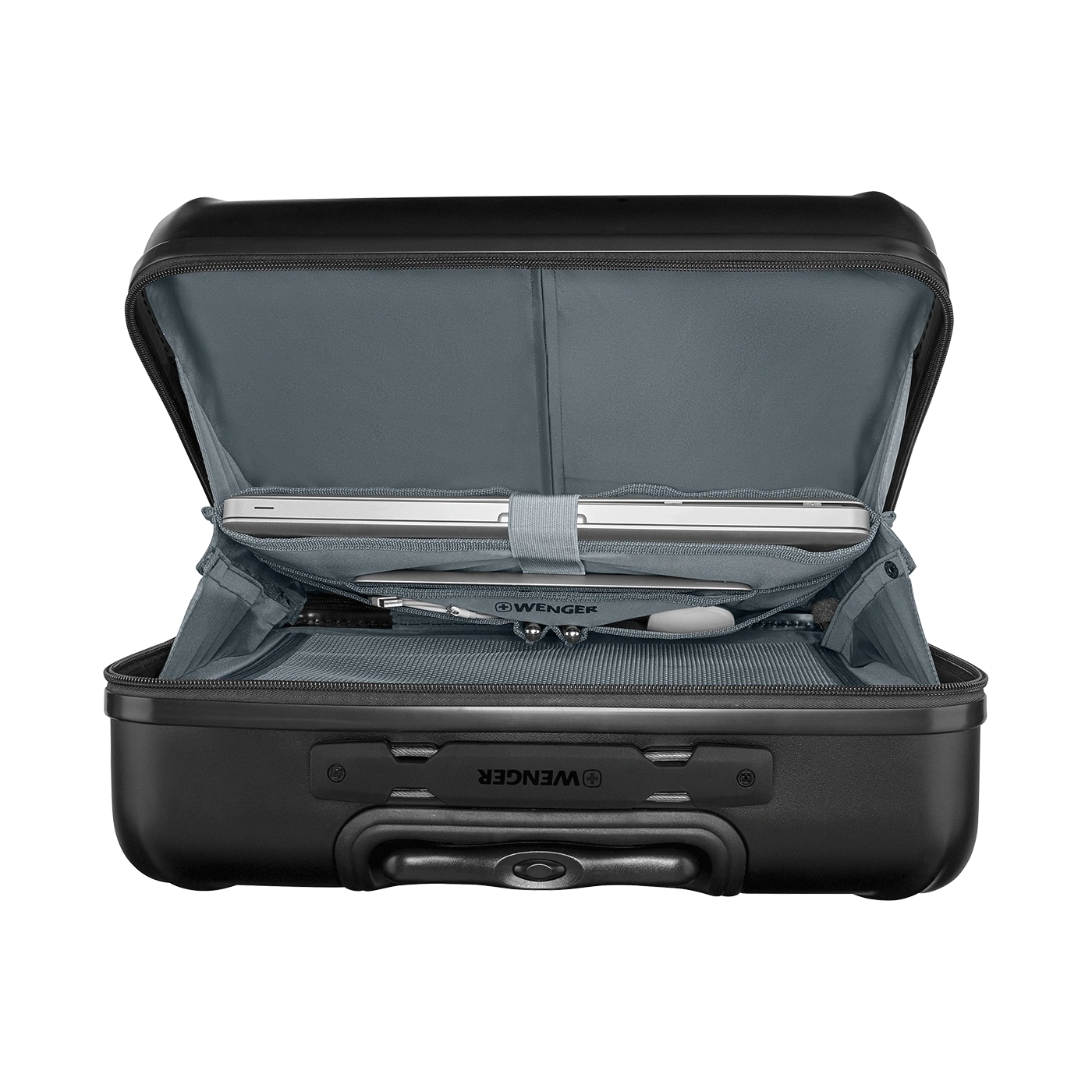 Open black Wenger suitcase with laptop and accessories inside