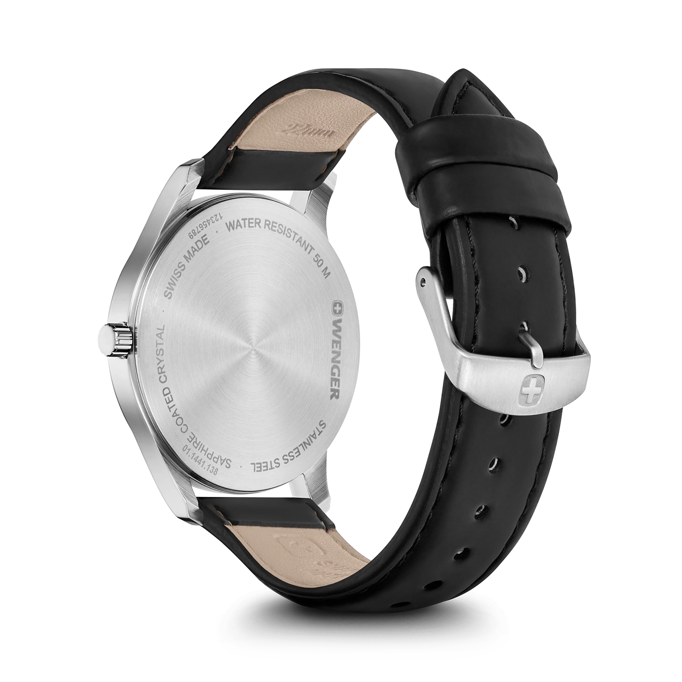 Wenger watch, stainless steel, leather strap, water resistant, Swiss made, black