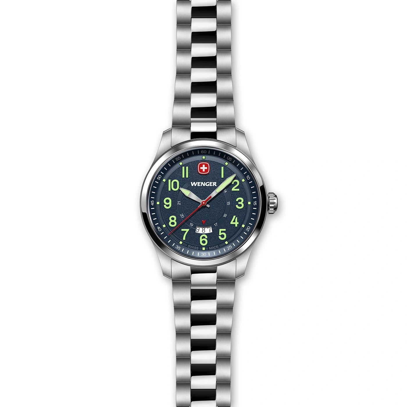 Wenger Uhr mit blauem Zifferblatt und silbernem Armband, Nahaufnahme