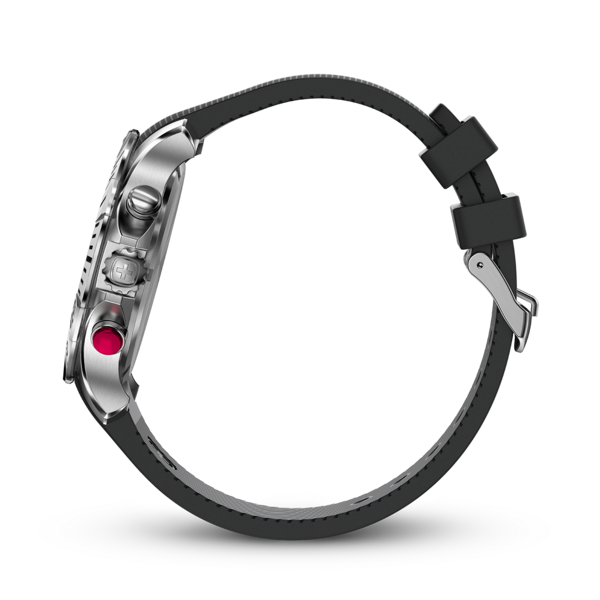 Uhr mit schwarzem Armband, Seitenansicht, silbernes Gehäuse, roter Knopf, Detailaufnahme