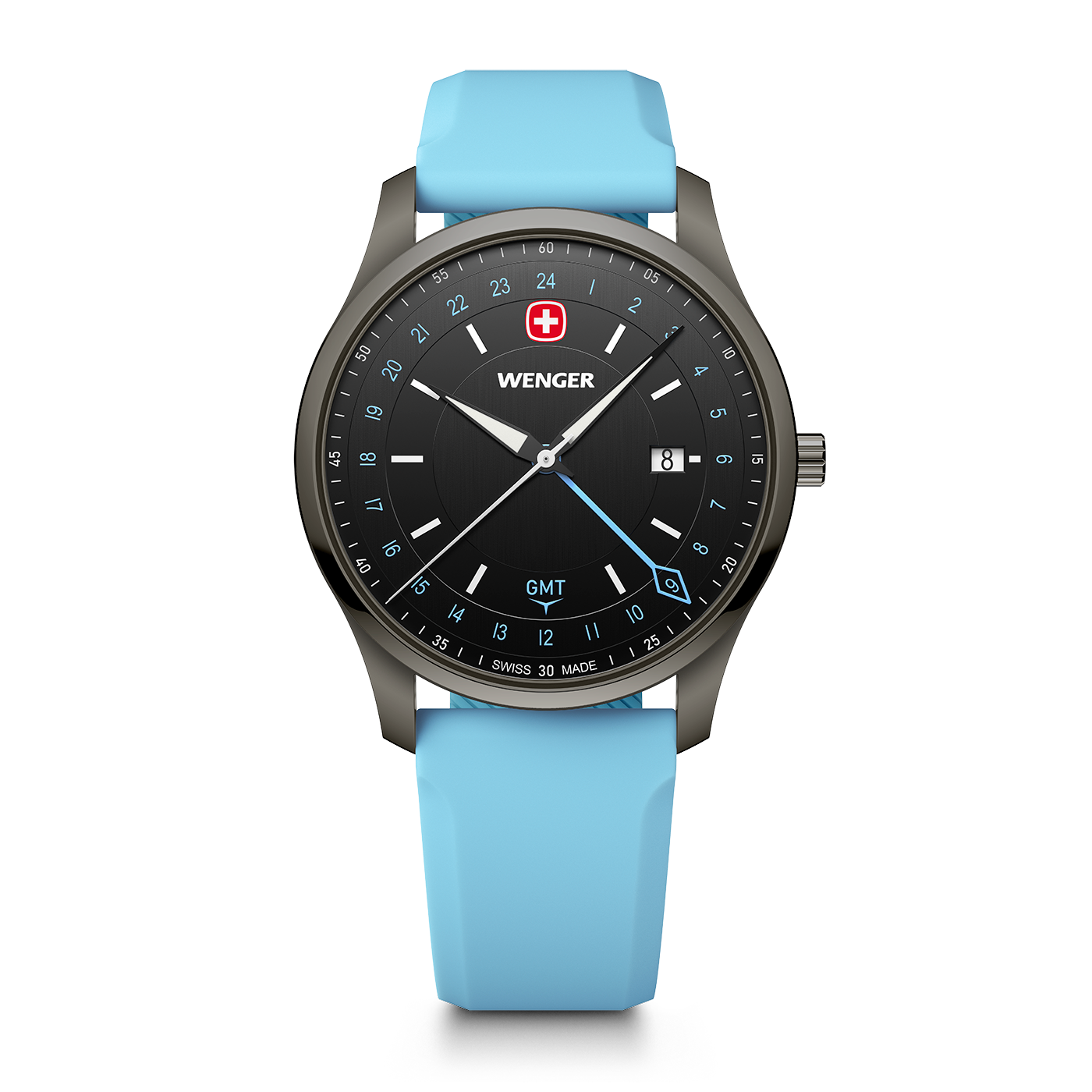 Eine hellblaue Armbanduhr von Wenger mit schwarzem Zifferblatt und GMT-Funktion.