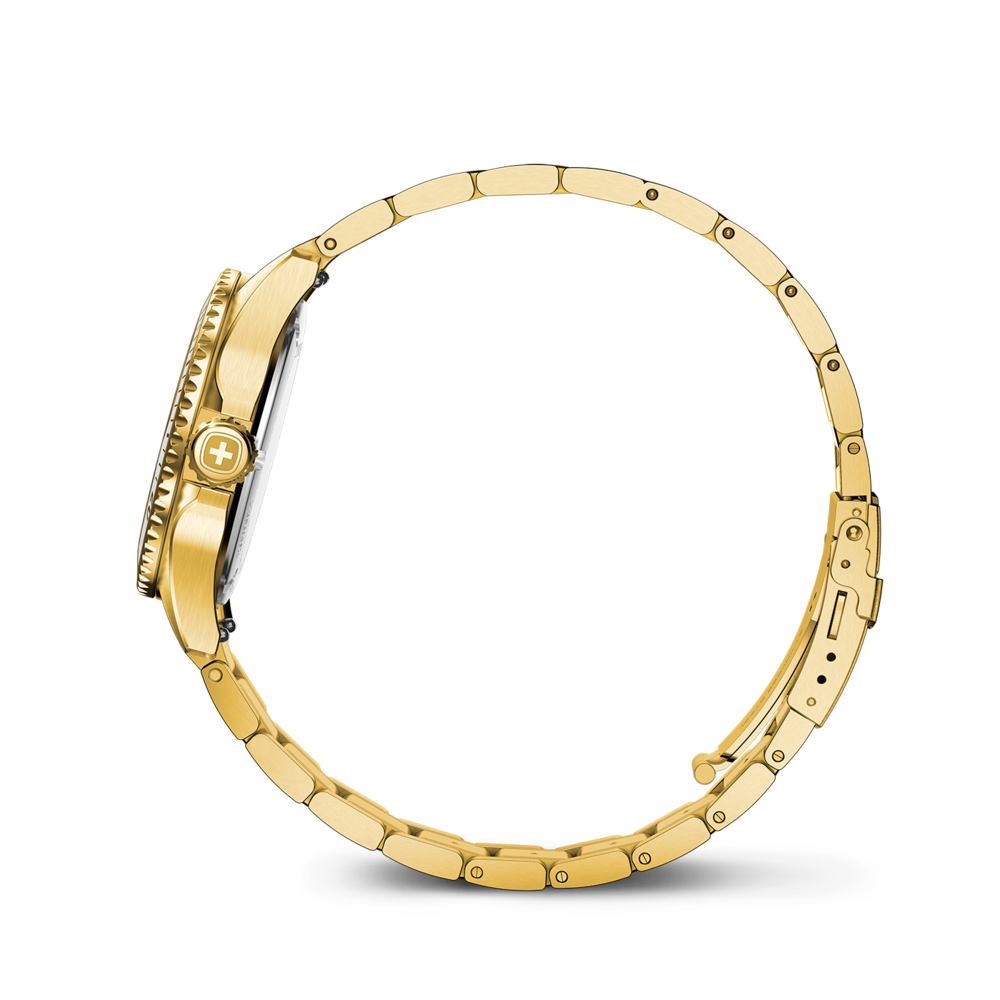 Goldene Armbanduhr mit Schweizer Kreuz auf dem Zifferblatt