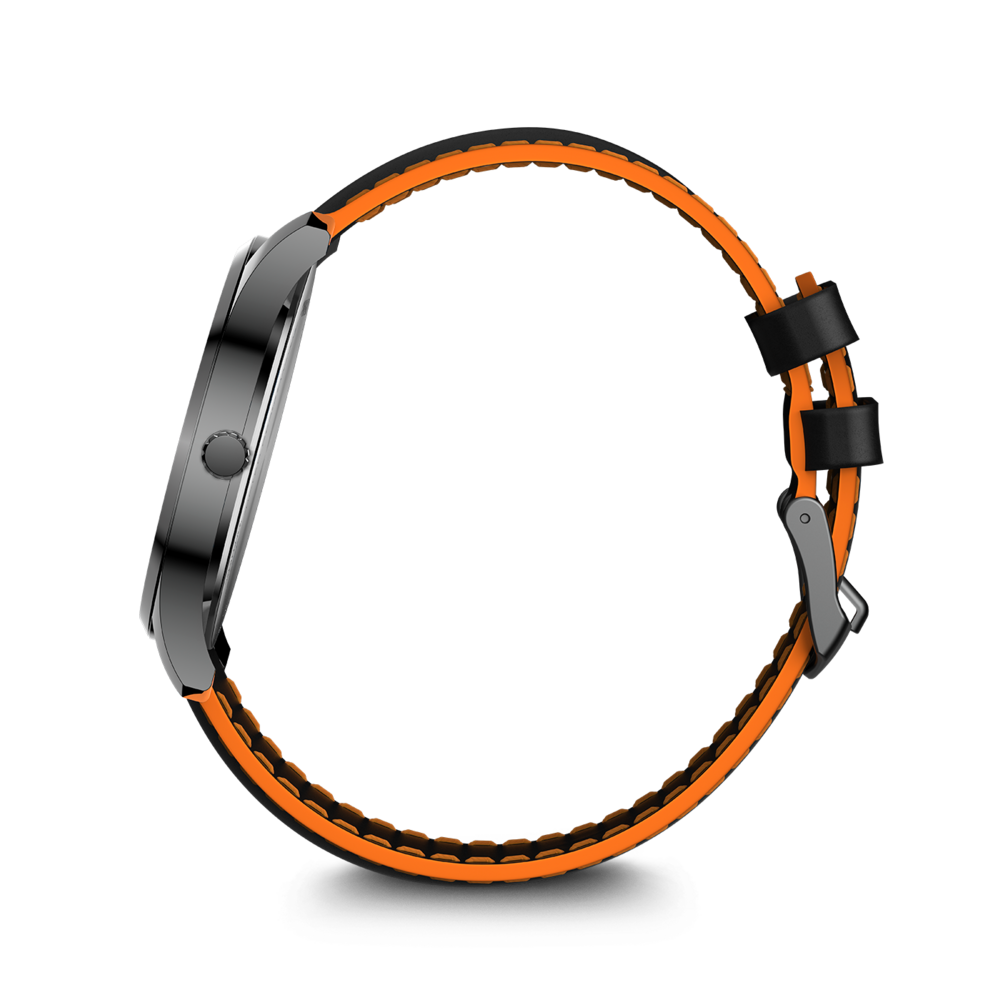 Eine Armbanduhr mit einem schwarzen und orangen Armband und einem silbernen Gehäuse.