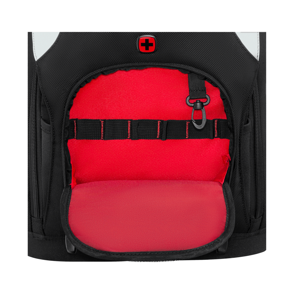 Black backpack with red interior compartment and carabiner clip