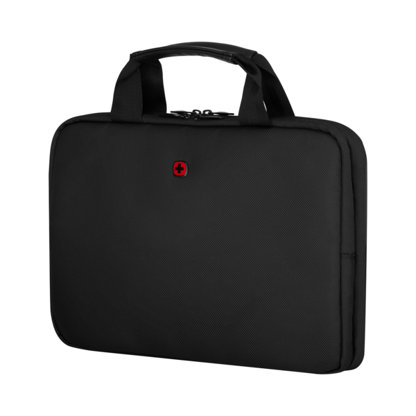 Schwarze Tasche mit rotem Kreuz, Griff und Reißverschluss, isoliert auf Schwarz.