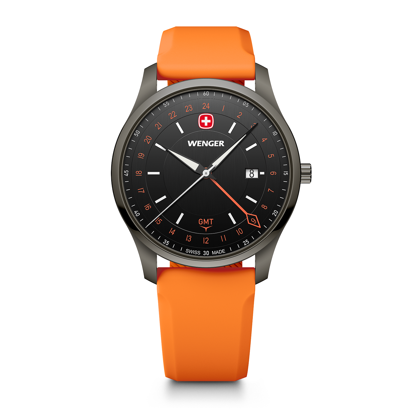 Wenger Herrenuhr mit schwarzem Zifferblatt und orangem Armband