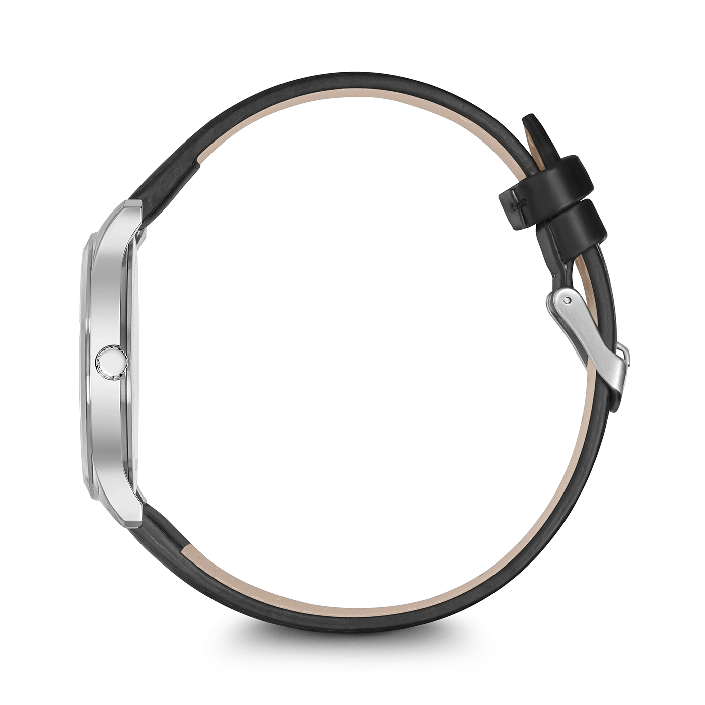 Uhr mit schwarzem Lederarmband, Seitenansicht, auf schwarzem Hintergrund