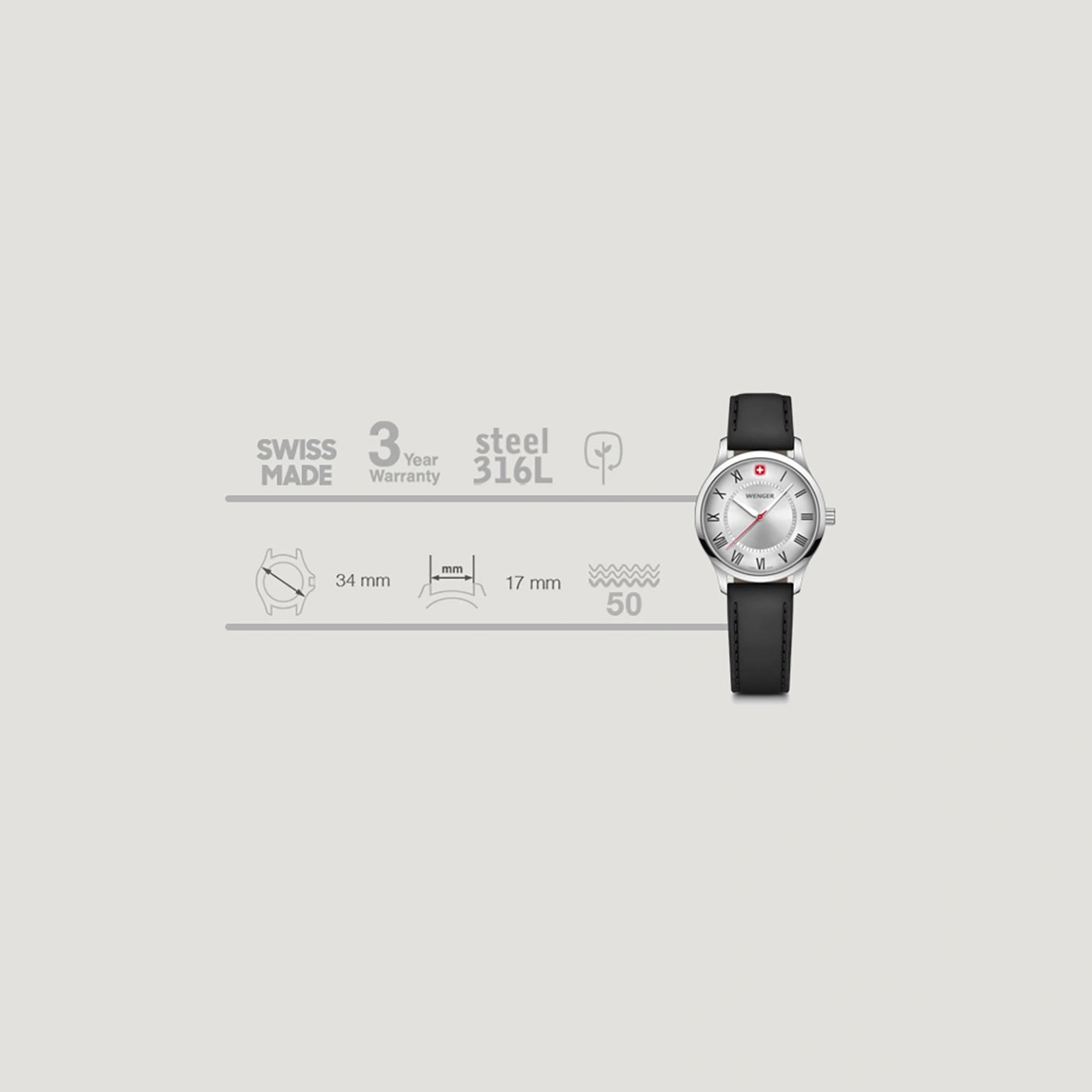 Schweizer Uhr mit schwarzem Lederarmband, 3 Jahre Garantie, Stahl 316L, 34 mm