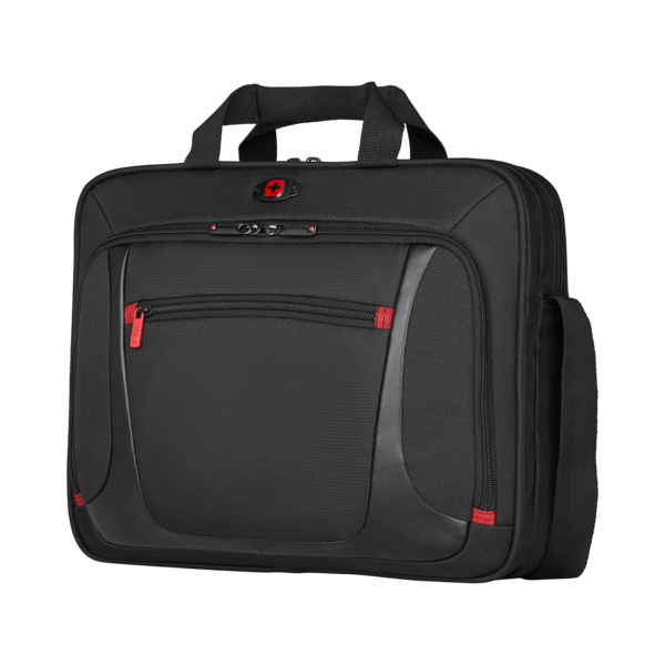 Schwarze Aktentasche mit rotem Reißverschluss und Griff, Swissgear-Logo, Business-Tasche
