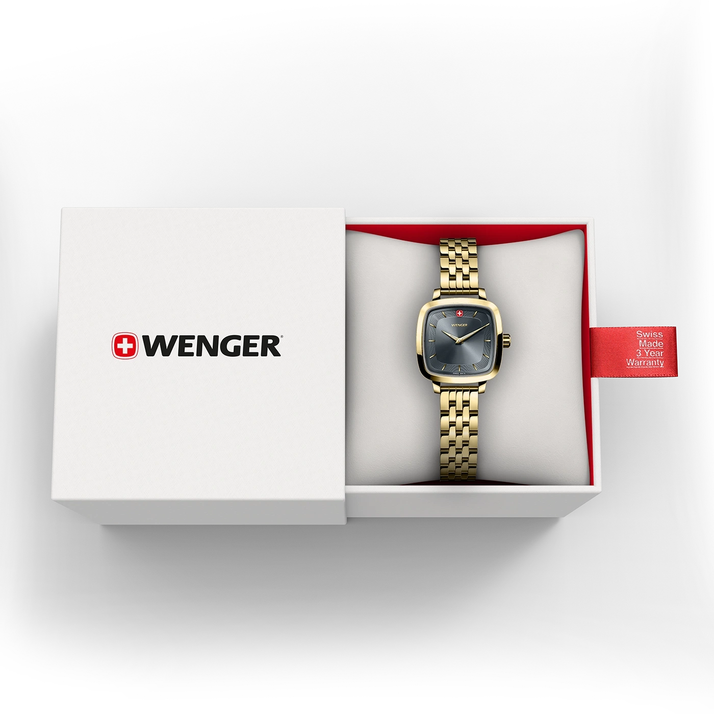 Wenger Uhr in einer Box. Goldfarbenes Armband und graues Zifferblatt.